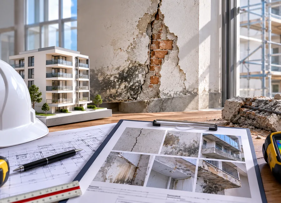 Inspección de patologías en un edificio con grietas, humedades, desprendimientos y deterioro de materiales