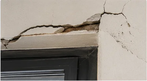 Grietas en una pared y encuentro de hueco como ejemplo de movimiento constructivo